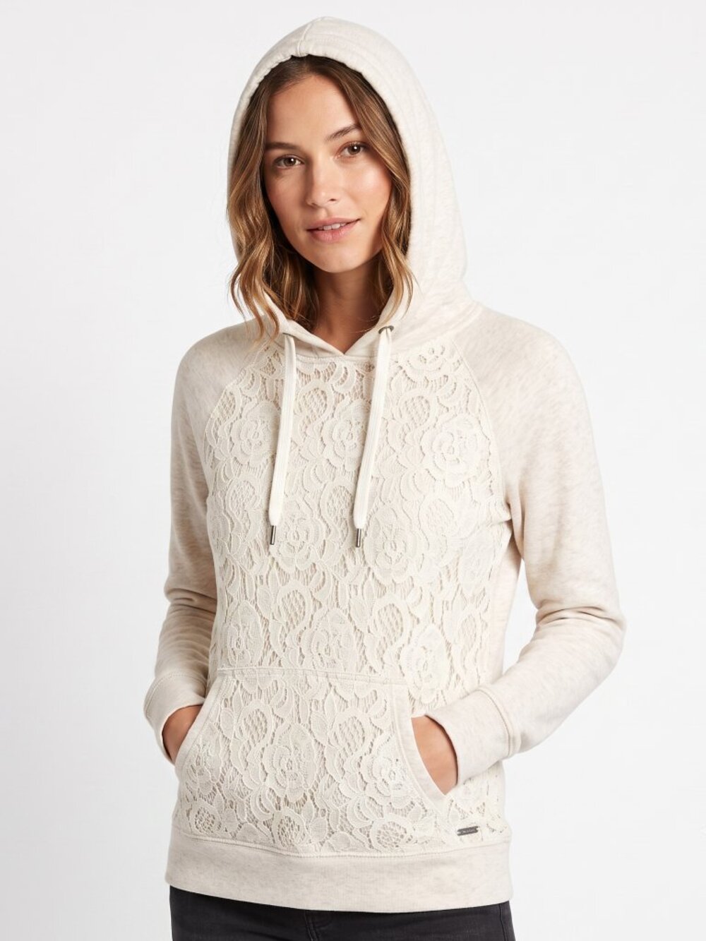 *Garage Oatmeal Lace Front Hoodie | Soft Off-White Pullover